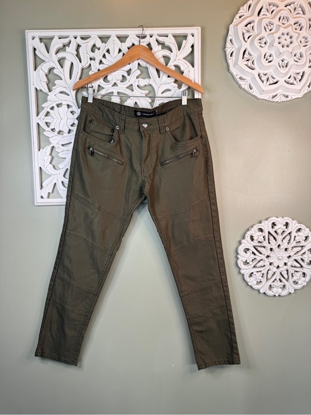 Akademiks Pants Mens 32x30 Green Stretch Slim Zip Pocket Biker Moto Style